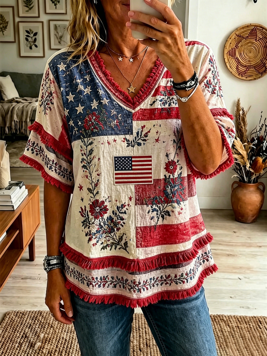 Women's America Floral Printed Casual Tassel Top
