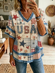 Women's American Patchwork Printed Cotton-Linen Shirt