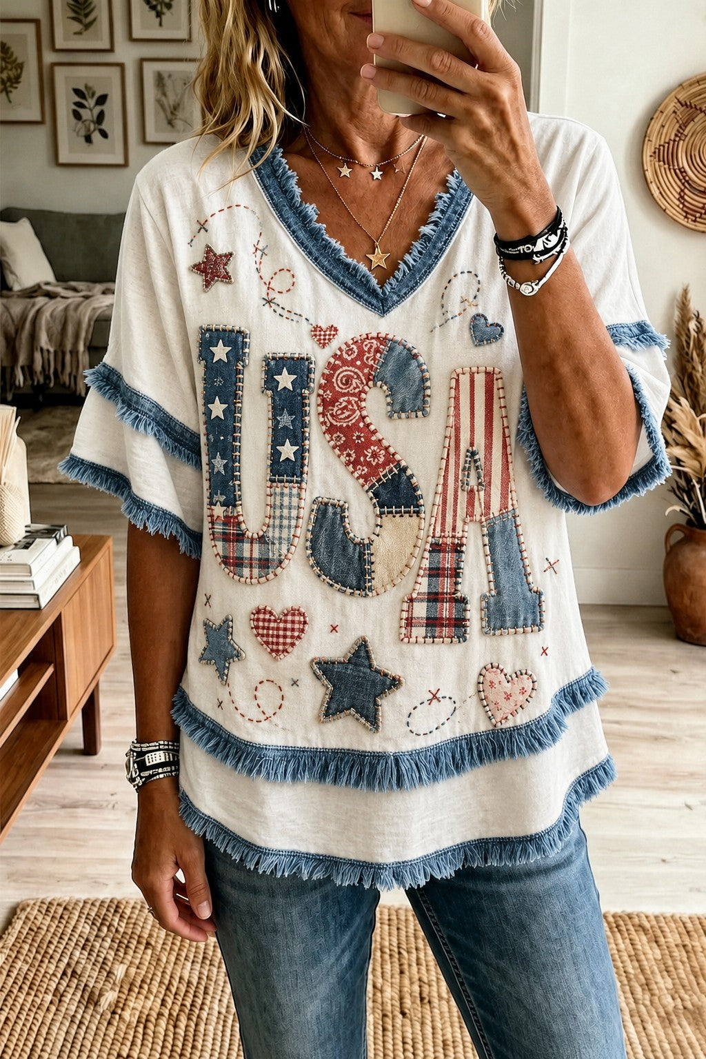 Women's American Patchwork Printed Cotton-Linen Shirt