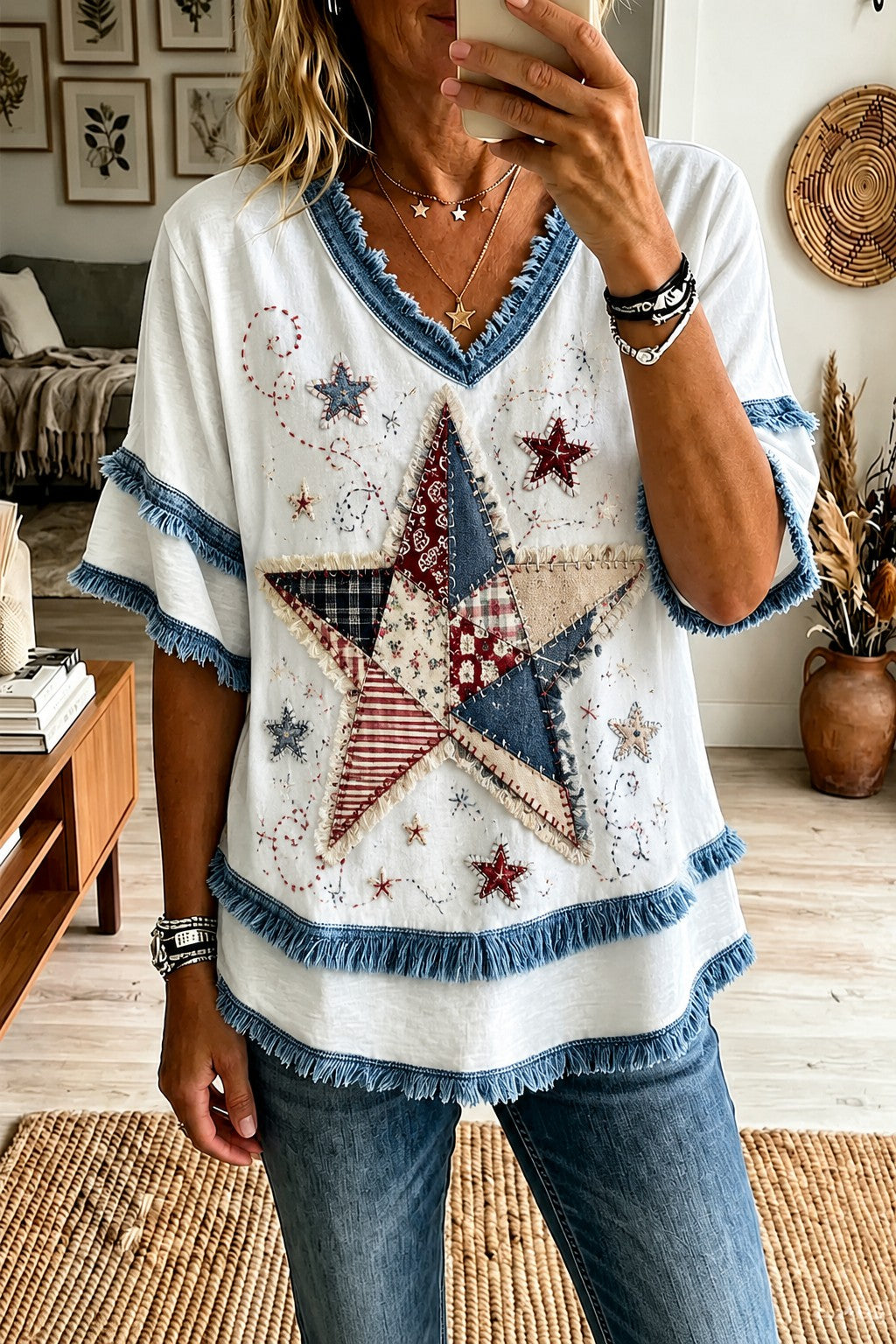 Women's American Patchwork Printed Cotton-Linen Shirt
