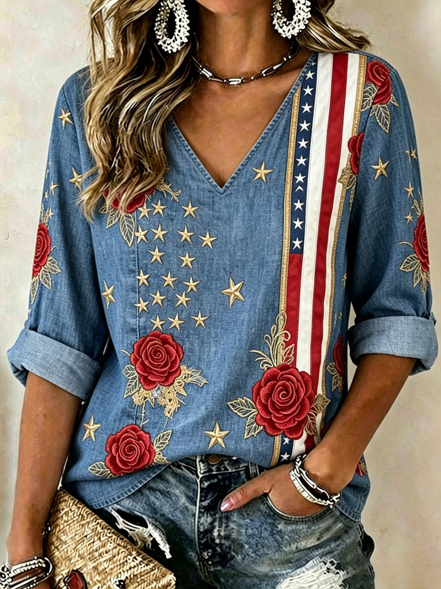 Women's America Floral Print Casual T-shirt