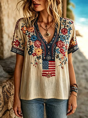 Women's America Floral Print V-Neck Casual T-Shirt