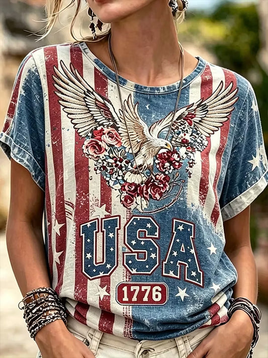 Women's America Floral Print Casual T-Shirt