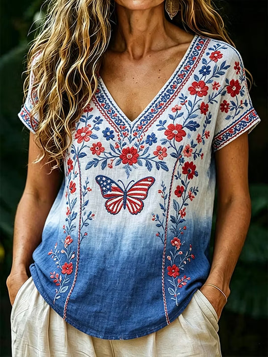 Women's America Floral Print V-Neck Casual T-Shirt