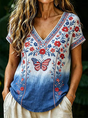 Women's America Floral Print V-Neck Casual T-Shirt