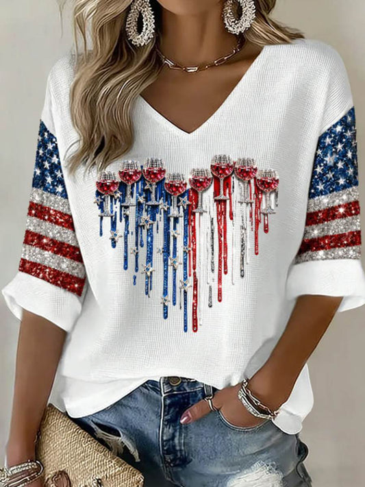 Women's Mid-length Sleeves V-Neck T-Shirt