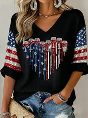 Women's Mid-length Sleeves V-Neck T-Shirt
