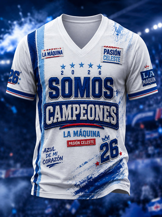 Men's 2026 Campeones Print Casual V-neck T-shirt