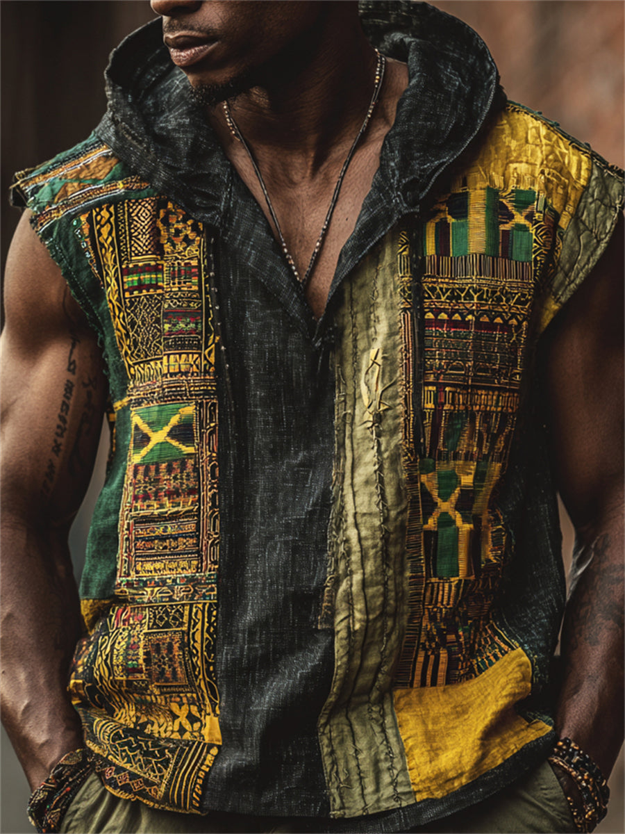 Men's Reggae Style Jamaica Flag Africa Kente Print Hooded Linen Tank