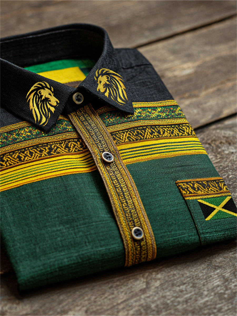 Men's Reggae Lion Jamaica Flag Inspired Kente Colorblock Print Short Sleeve Shirt