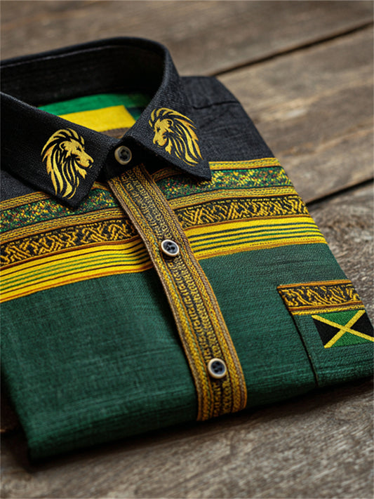 Men's Reggae Lion Jamaica Flag Inspired Kente Colorblock Print Short Sleeve Shirt