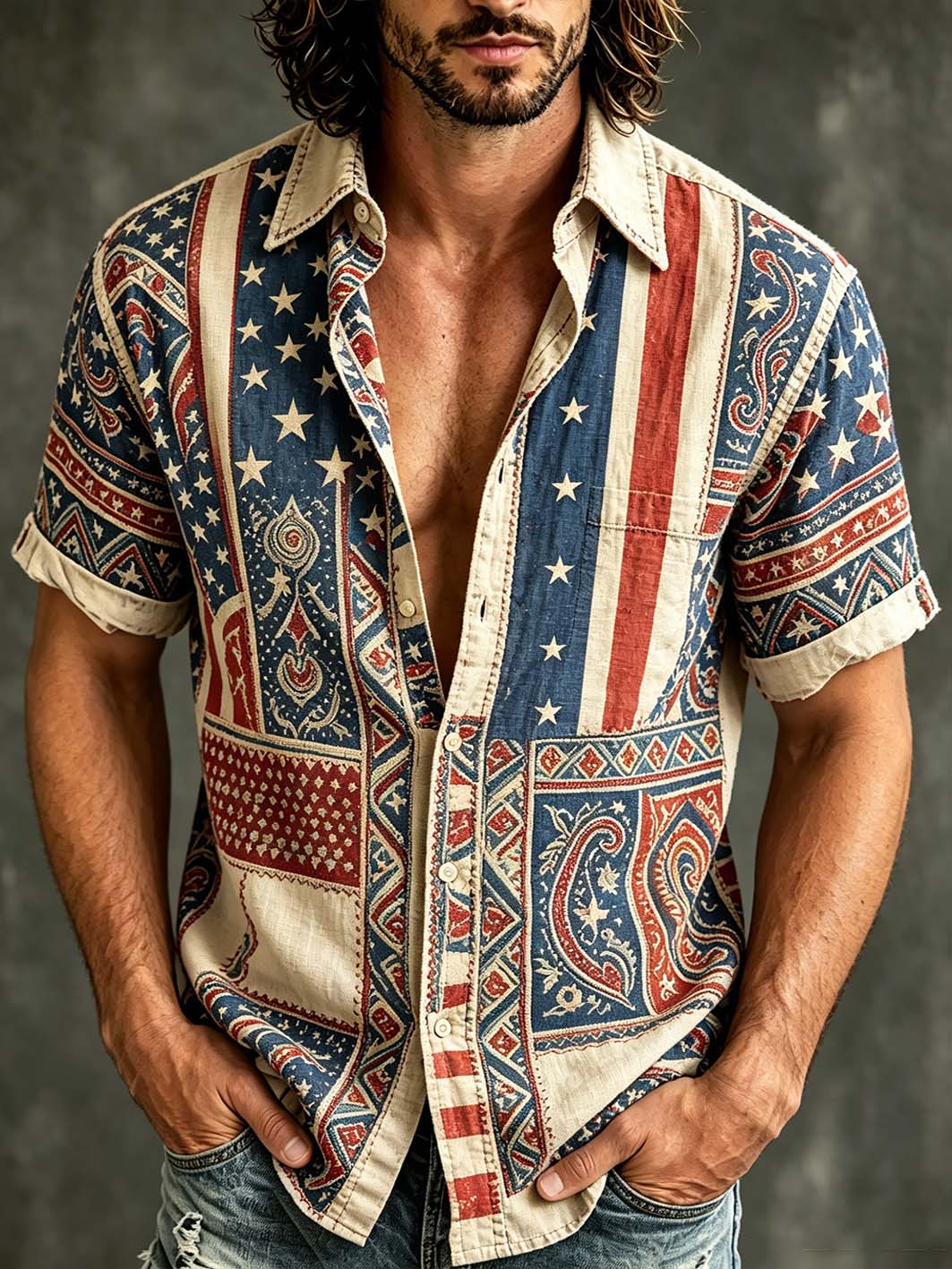 Men's  American Flag Element Pattern Printed  Short Sleeve Shirt