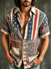 Men's  American Flag Element Pattern Printed  Short Sleeve Shirt