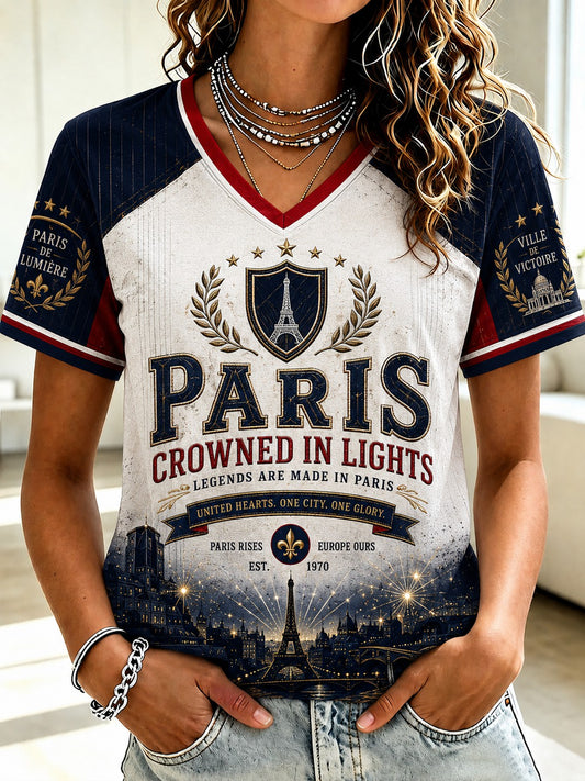 Women's French Football Paris Championship Printed V-neck T-shirt