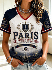 Women's French Football Paris Championship Printed V-neck T-shirt