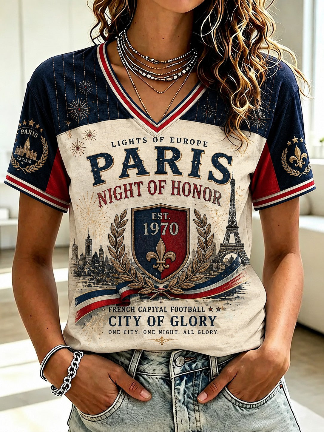Women's French Football Paris Championship Printed V-neck T-shirt