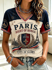 Women's French Football Paris Championship Printed V-neck T-shirt