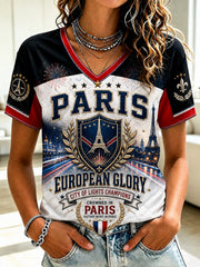 Women's French Football Paris Championship Printed V-neck T-shirt