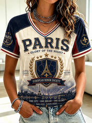 Women's French Football Paris Championship Printed V-neck T-shirt