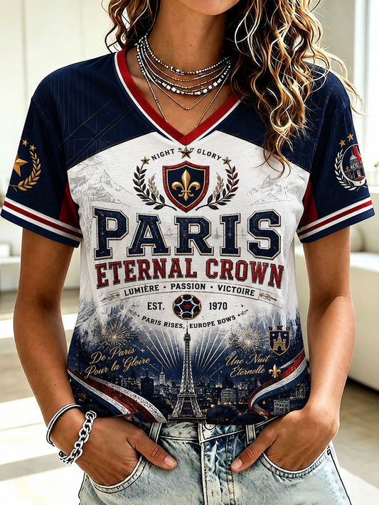 Women's French Football Paris Championship Printed V-neck T-shirt