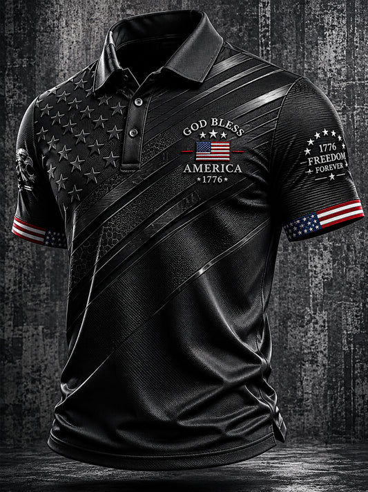 Men's Independence Day God Bless America Print Casual Patriotic Polo