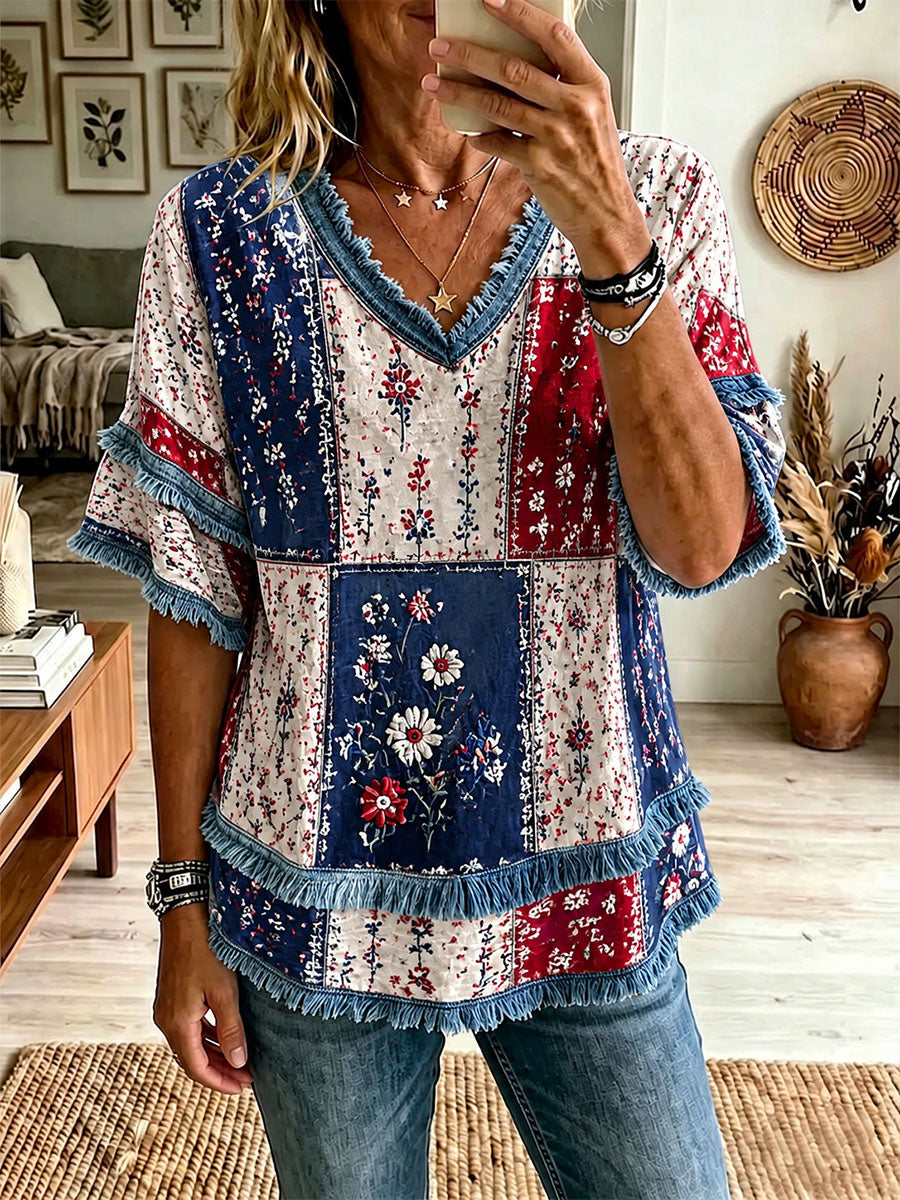 Women's Red, White, and Blue Floral Print Casual T-Shirt