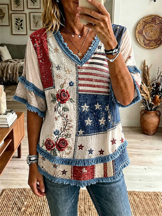 Women's Red, White, and Blue Floral Print Casual T-Shirt