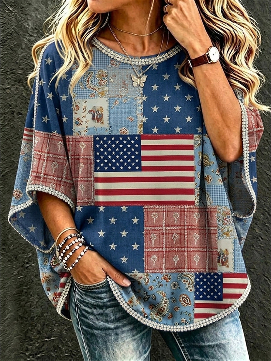 Women's Vintage American Flag Inspired Patchwork Art Print Linen Tunic