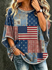 Women's Vintage American Flag Inspired Patchwork Art Print Linen Tunic