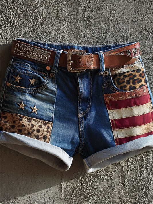 Women's Vintage American Flag Leopard Patchwork Art Print Denim Shorts