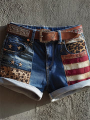 Women's Vintage American Flag Leopard Patchwork Art Print Denim Shorts