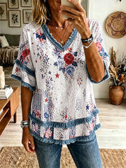 Women's Red, White, and Blue Floral Print Casual T-Shirt