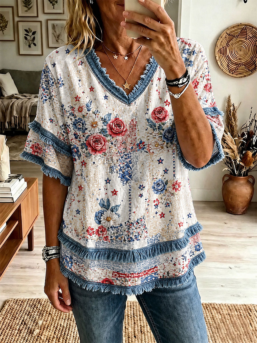 Women's Red, White, and Blue Floral Print Casual T-Shirt