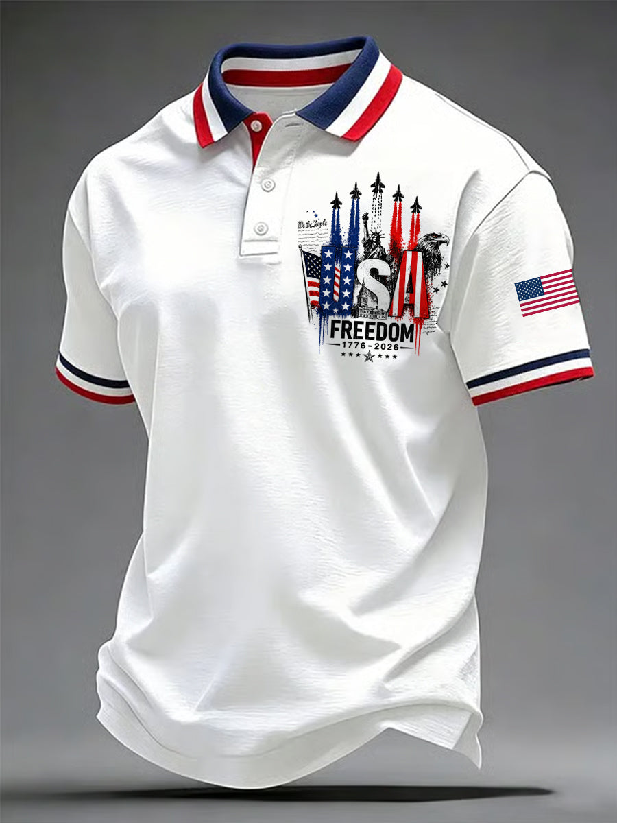 Men's Independence Day USA Flag Freedom Jet Print Casual Patriotic Polo