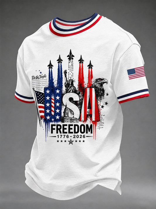 Men's Independence Day USA Freedom Jet Print Casual Patriotic Tee