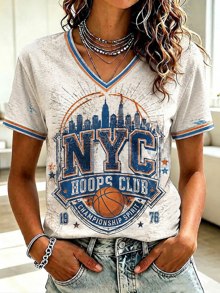 Women's New York Basketball Printed V-neck T-shirt