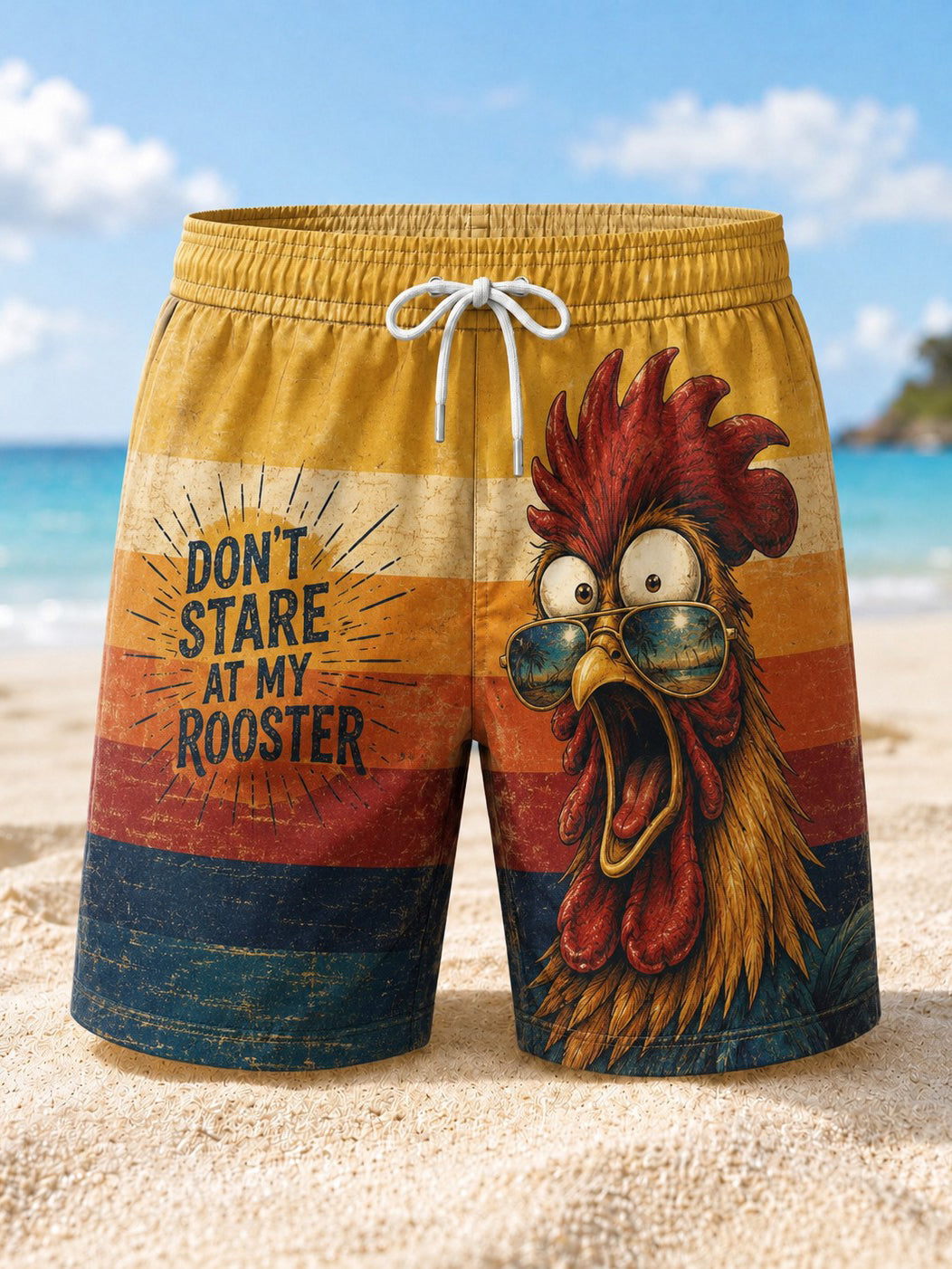 Men's DON'T STARE AT MY ROOSTER Printed Beach Shorts
