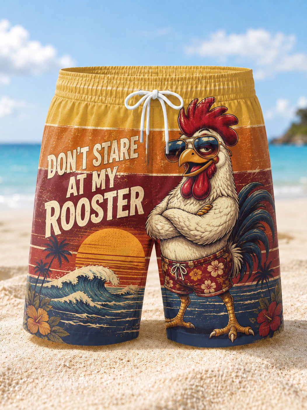 Men's DON'T STARE AT MY ROOSTER Printed Beach Shorts