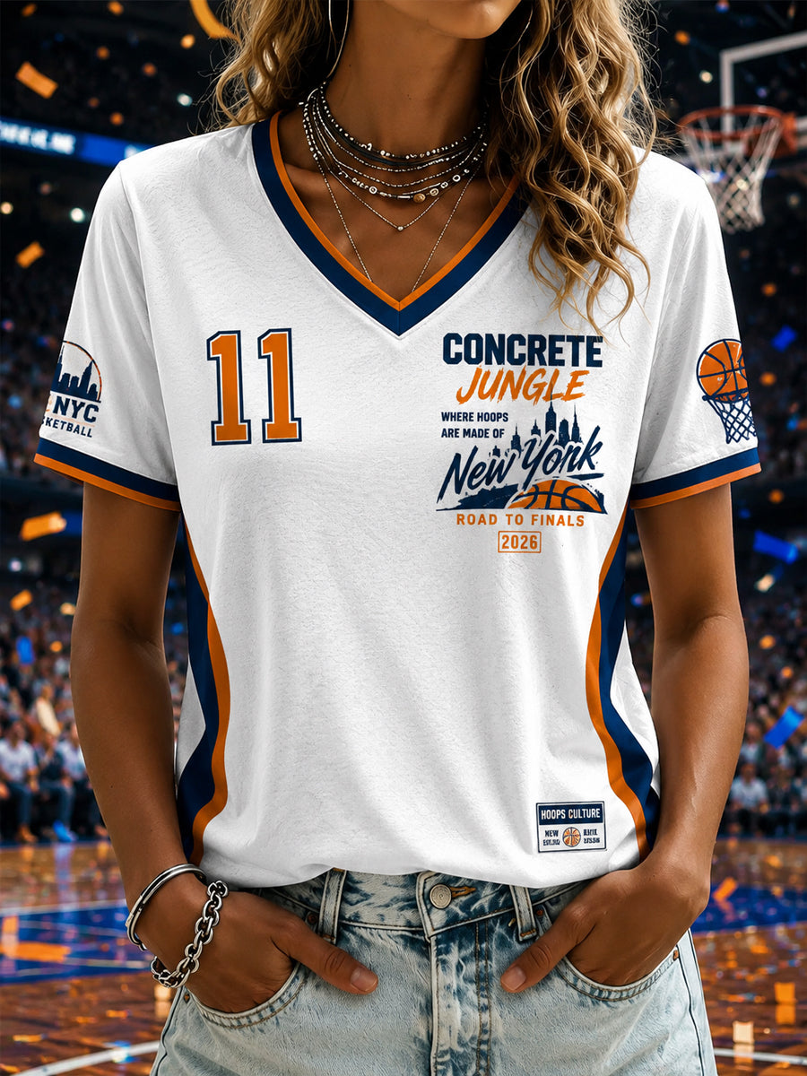 Women's New York Basketball Fans Printed V-neck T-shirt