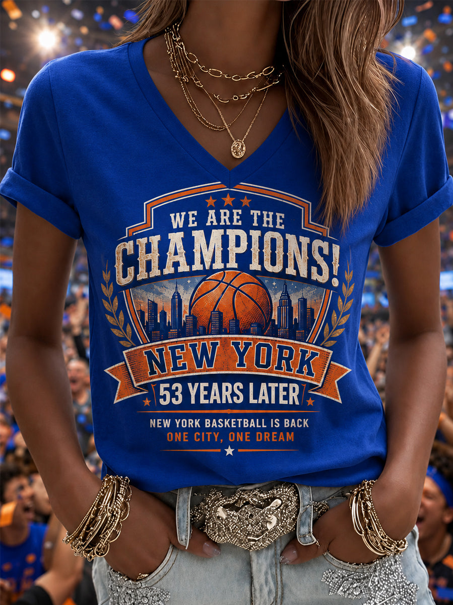 Women's New York Basketball Champions Celebration Print Casual V-Neck Tee