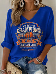 Women's New York Basketball Champions Celebration Print Casual Waffle Half-Sleeve V-Neck T-Shirt