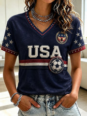 Women's USA Football Printed V-neck T-shirt