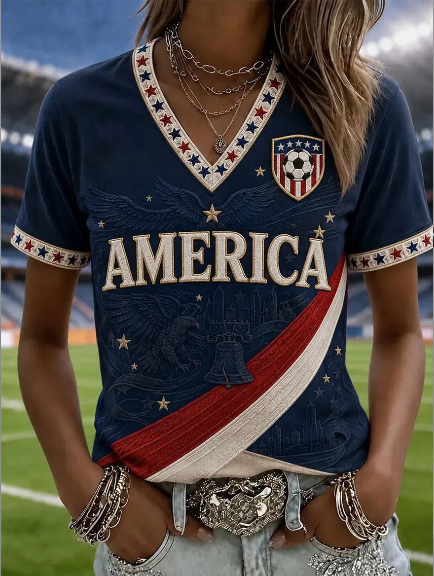 Women's USA Football Printed V-neck T-shirt