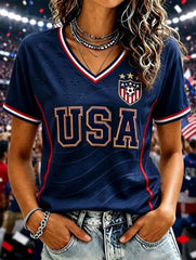 Women's USA Football Printed V-neck T-shirt