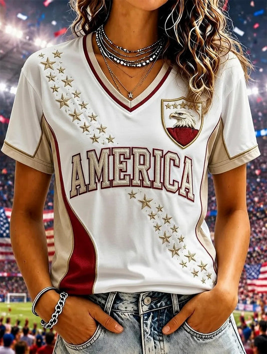 Women's USA Football Printed V-neck T-shirt