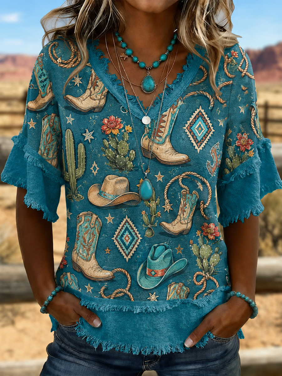 Women's Western-style print Cotton-Linen Shirt