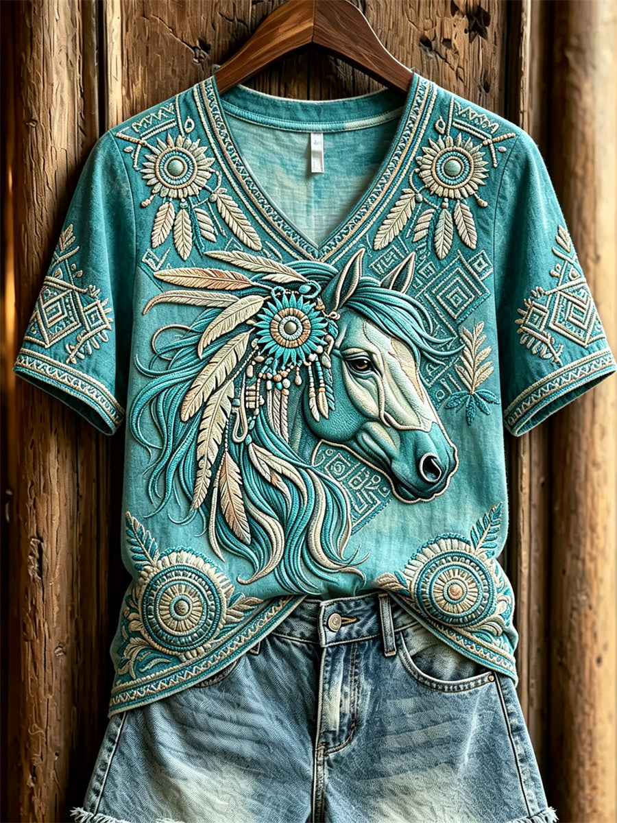 Women's Vintage Western Horse Ethnic Leather Art Print V-neck short-sleeved T-shirt