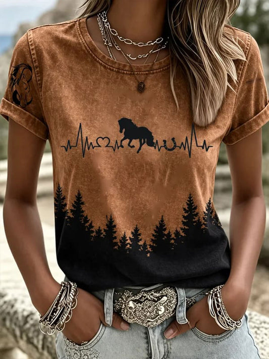 Women's Western Horse ECG Short-sleeved T-shirt