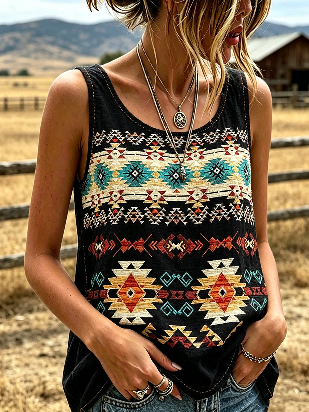 Women's western style ethnic pattern printed casual cotton and linen vest