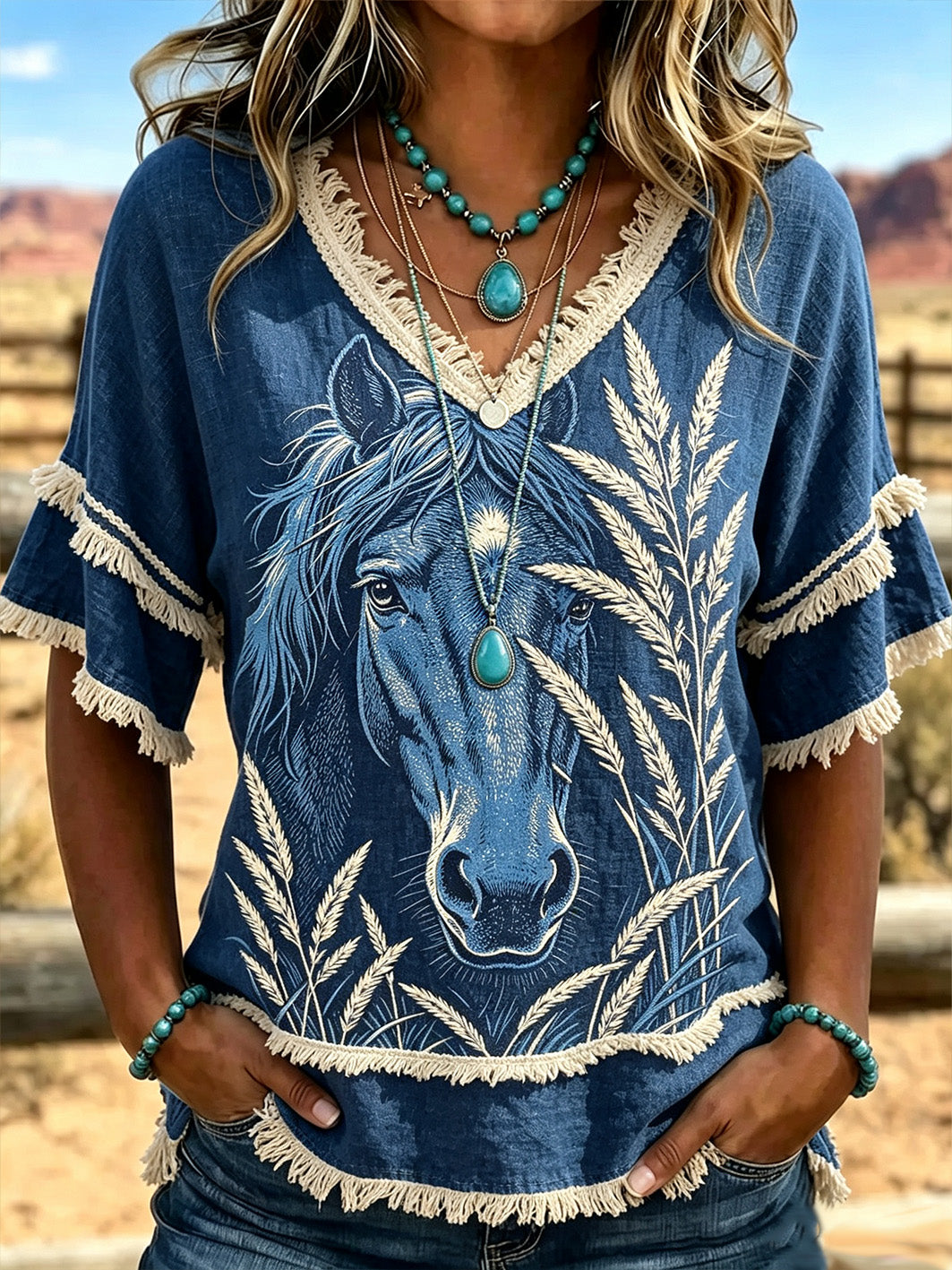 Women's western horse pattern ethnic style printed casual cotton and linen shirt